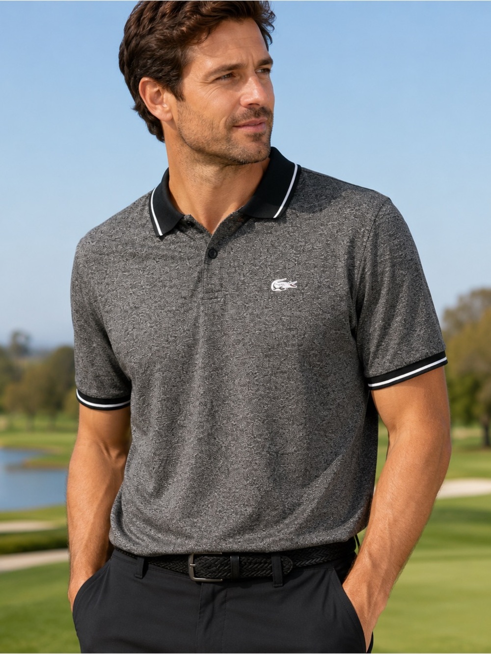 Men’s Heather Gray Performance Polo Shirt XXL Stretch Golf Athletic Two Button